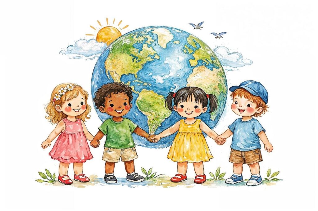 children, earth, world, unity, friendship, together, global, peace, diversity, watercolor, planet, nature, environment, sun, clouds, holding hands, happiness, community, harmony, ai generated